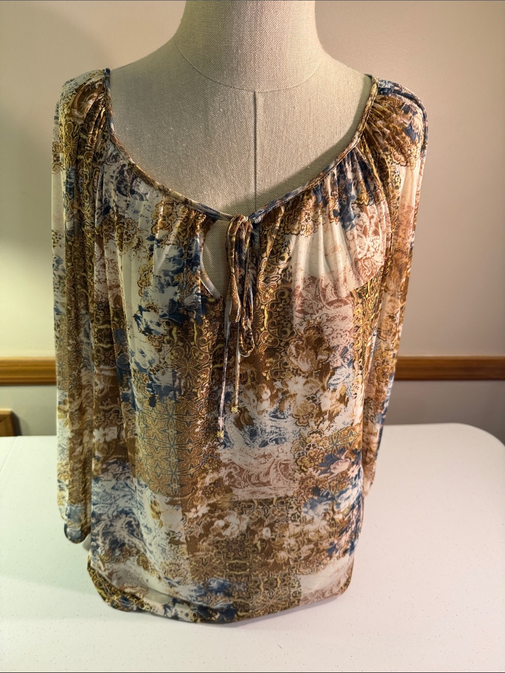 AGB Boho Tie-Front Blouse in Brown, Blue & Cream